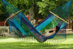 Queen Size Outdoor Cotton Mexican Resort Hammock With Fringe in Oceanica Colour