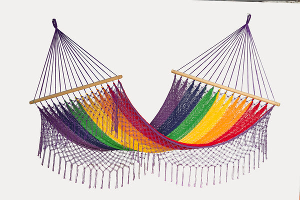  Queen Size Outdoor Cotton Mexican Resort Hammock With Fringe in Rainbow Colour