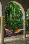 Queen Size Outdoor Cotton Mexican Resort Hammock With Fringe in Rainbow Colour