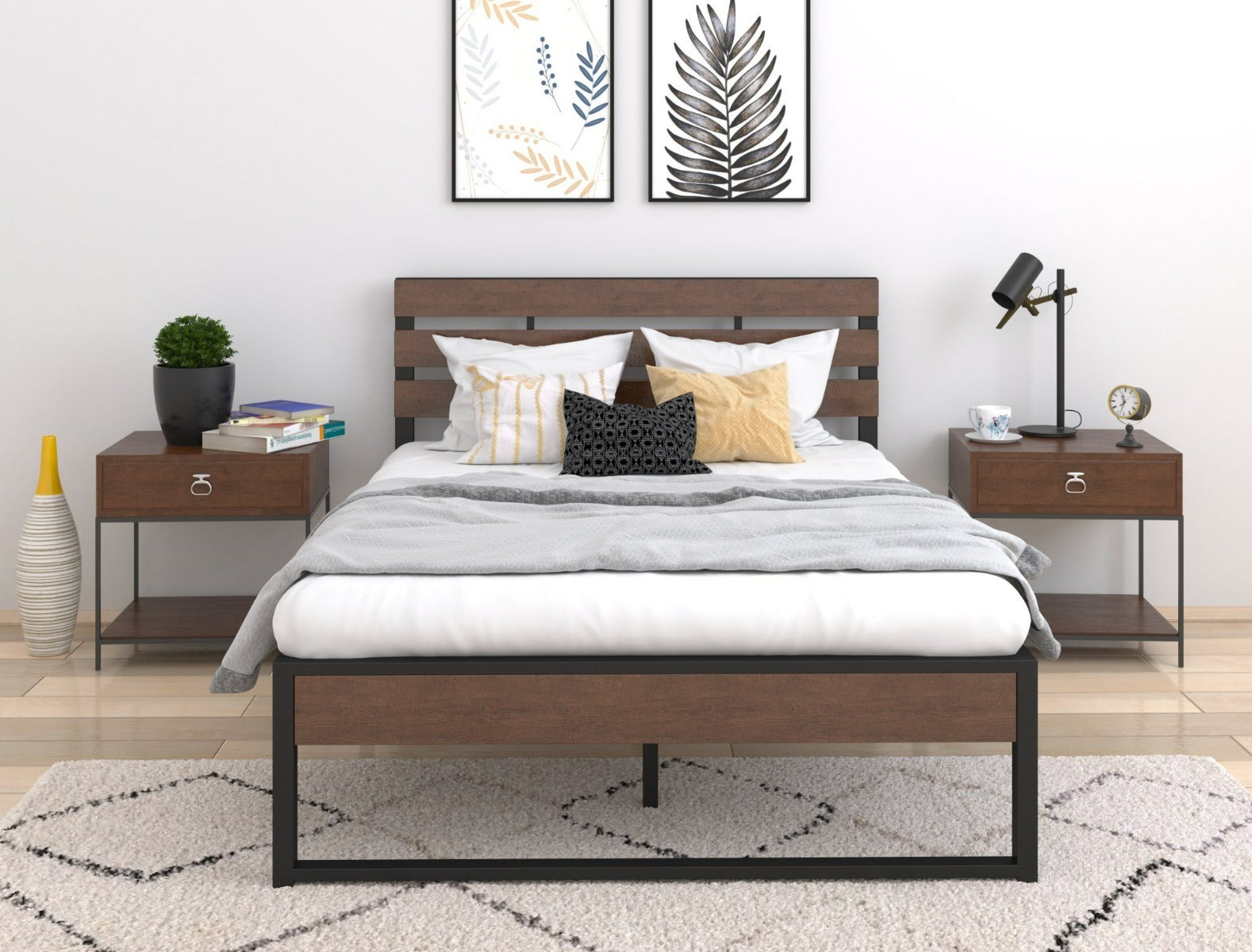 Wooden and metal bed frame queen