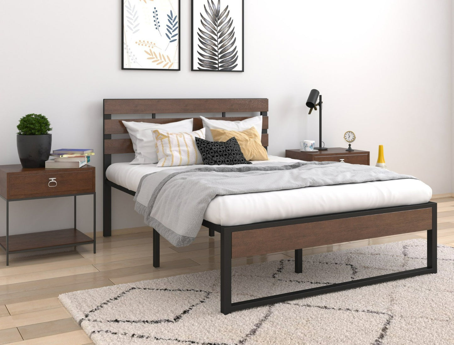 Wooden and metal bed frame queen