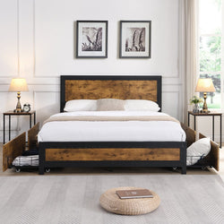 Rustic Metal Bed Frame with 4 Drawers - Stylish and Space-Saving