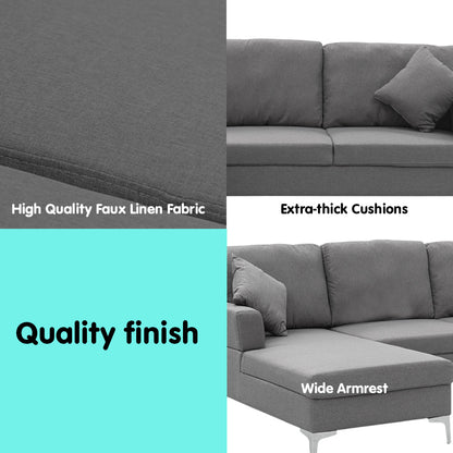 Linen Corner Sofa Couch Lounge L-shape Right Chaise D.Grey