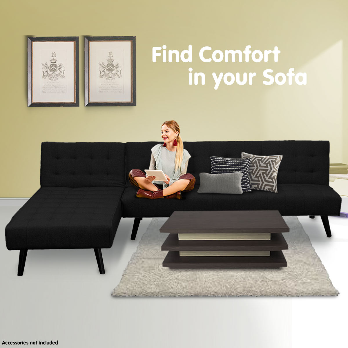 3-Seater Corner Sofa Bed Lounge Chaise Couch - Black