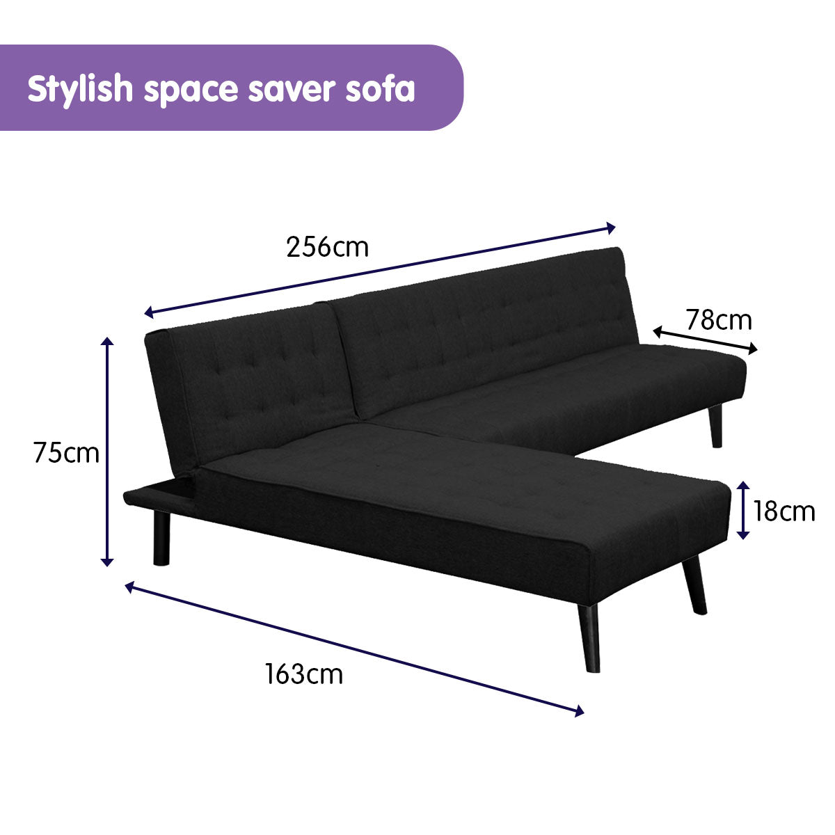3-Seater Corner Sofa Bed Lounge Chaise Couch - Black