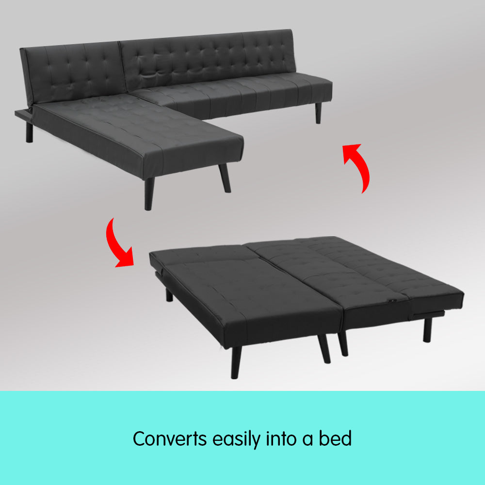 3-Seater Faux Leather Sofa Bed Lounge Chaise Couch Furniture Black