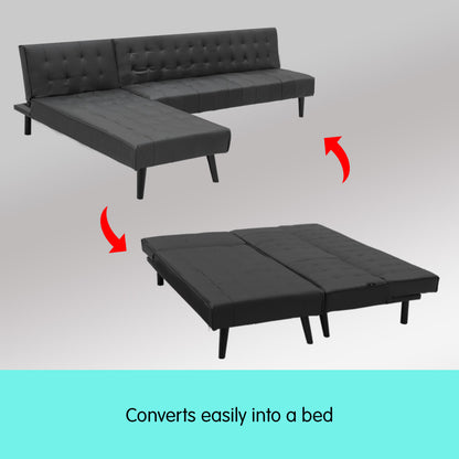 3-Seater Faux Leather Sofa Bed Lounge Chaise Couch Furniture Black