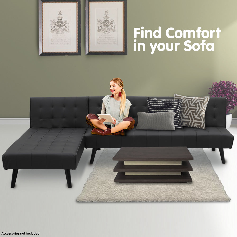 3-Seater Faux Leather Sofa Bed Lounge Chaise Couch Furniture Black