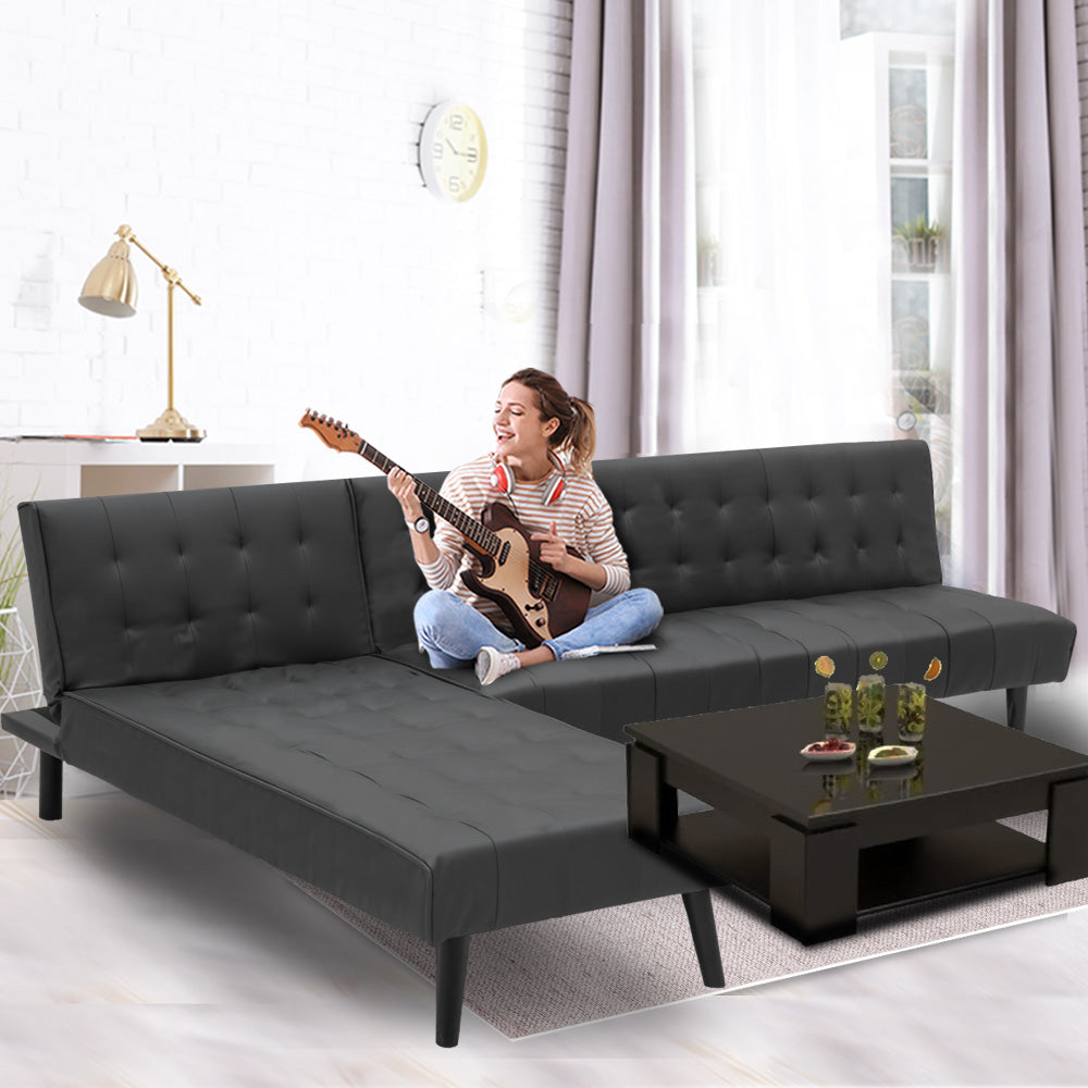 3-Seater Faux Leather Sofa Bed Lounge Chaise Couch Furniture Black