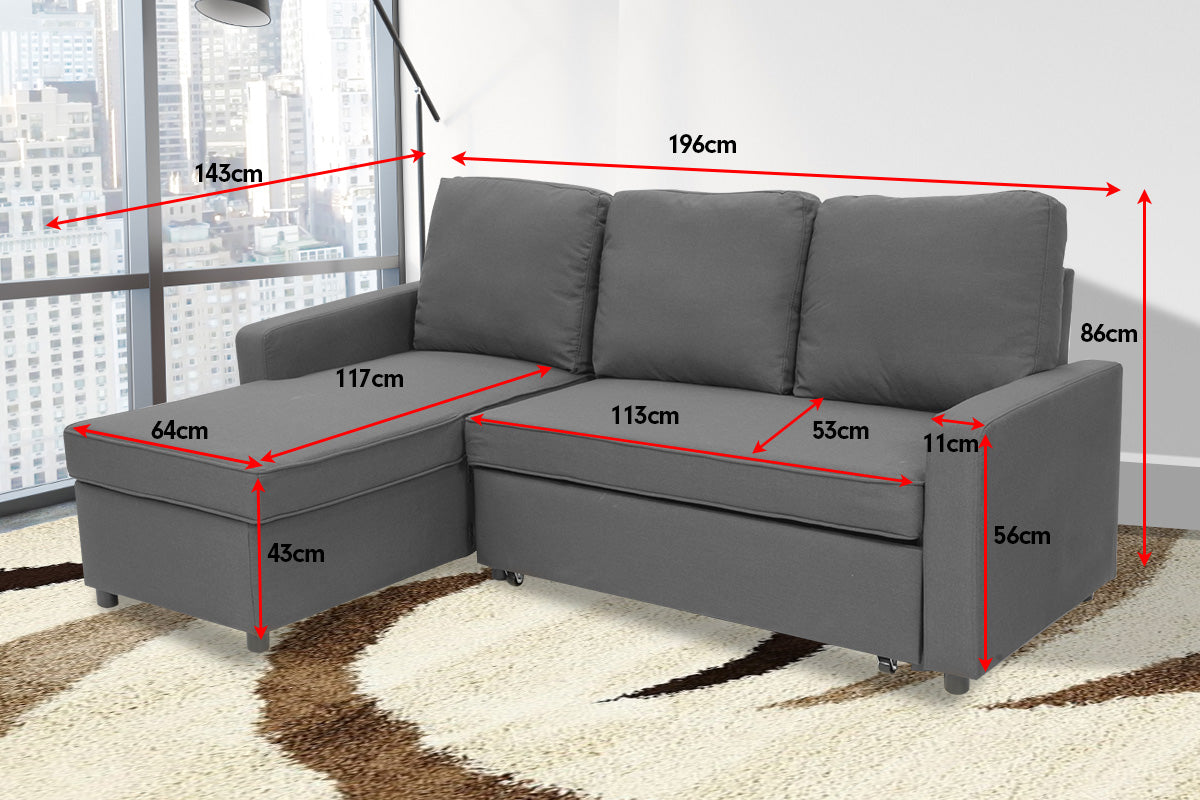 3-Seater Corner Sofa Bed With Storage Lounge Chaise Couch - Grey