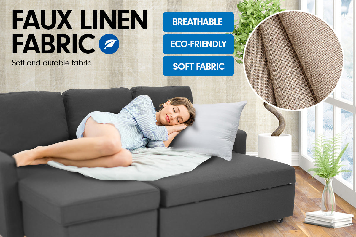 3-Seater Corner Sofa Bed With Storage Lounge Chaise Couch - Grey