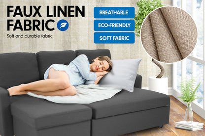 3-Seater Corner Sofa Bed With Storage Lounge Chaise Couch - Grey