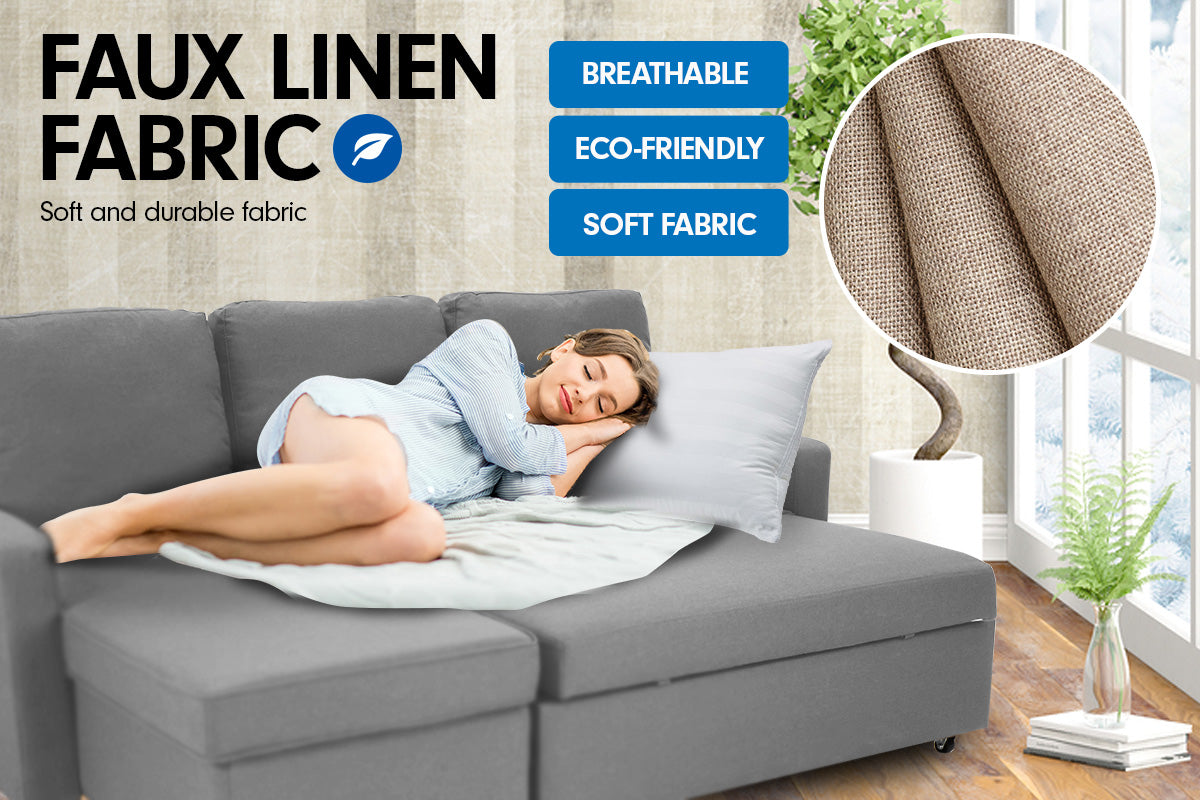 3-Seater Corner Sofa Bed w/ Storage Lounge Chaise Couch - Light Grey