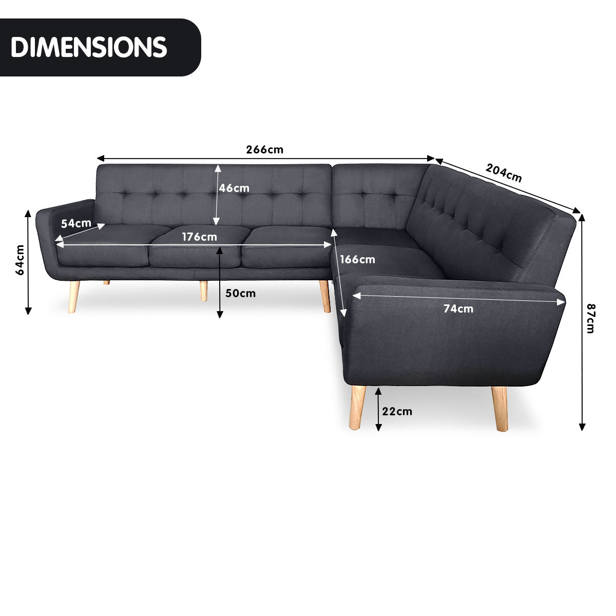 Faux Linen Corner Wooden Sofa Lounge L-shaped with Chaise Black