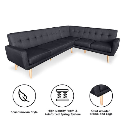 Faux Linen Corner Wooden Sofa Lounge L-shaped with Chaise Black