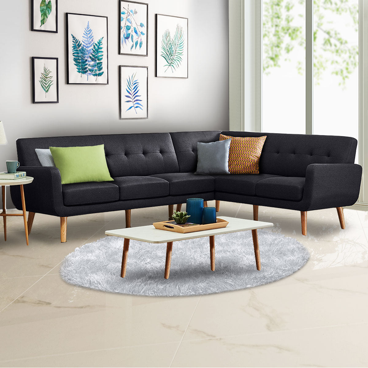 Faux Linen Corner Wooden Sofa Lounge L-shaped with Chaise Black
