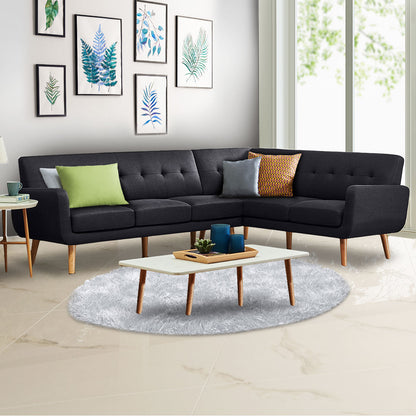 Faux Linen Corner Wooden Sofa Lounge L-shaped with Chaise Black