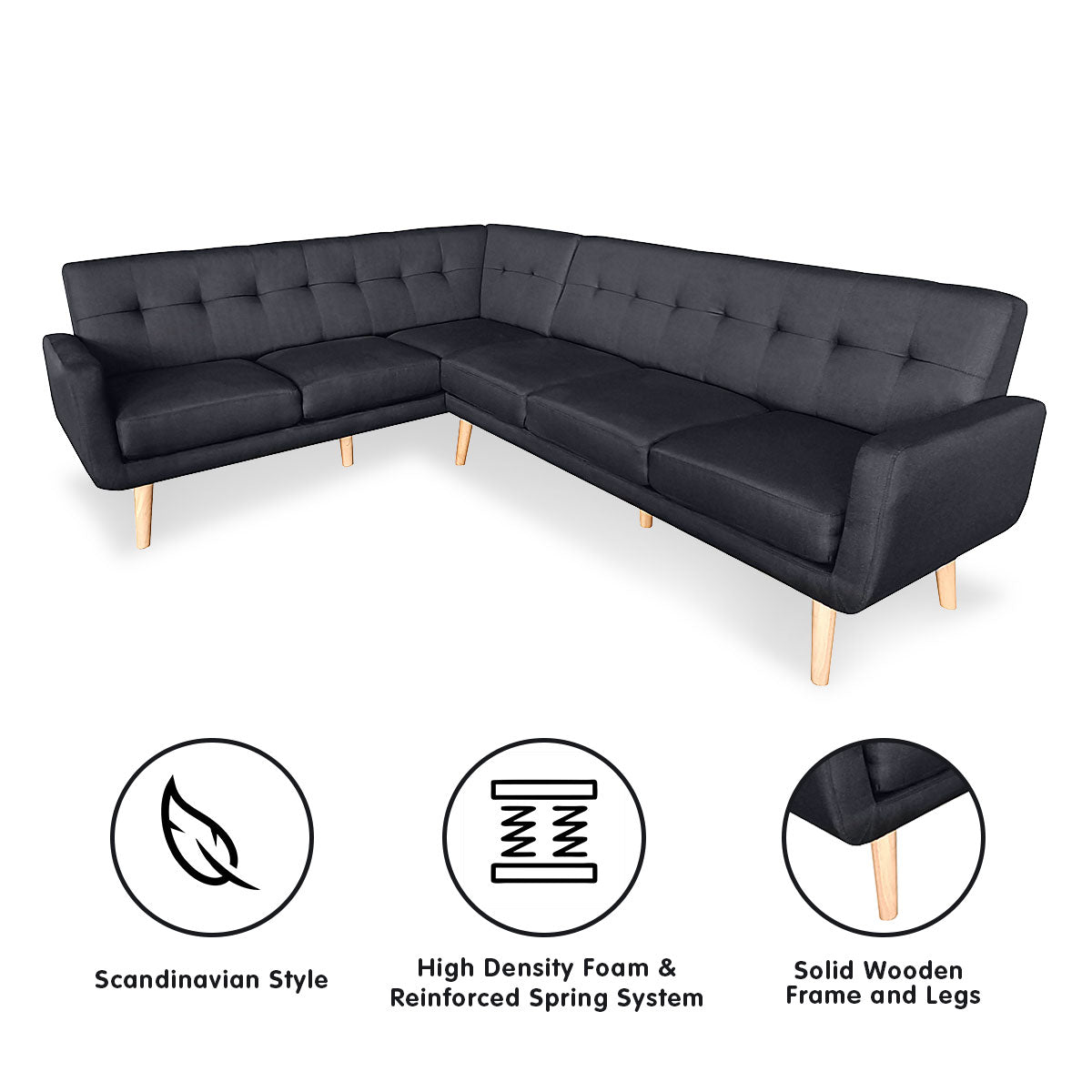 Faux Linen Corner Wooden Sofa Futon Lounge L-shaped with Chaise Black