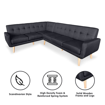 Faux Linen Corner Wooden Sofa Futon Lounge L-shaped with Chaise Black