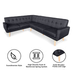 Linen Corner Wooden Sofa Futon Lounge L-shaped with Chaise Black