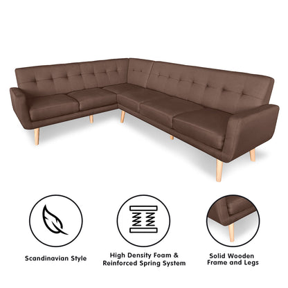 Faux Linen Corner Wooden Sofa Lounge L-shaped Futon with Chaise Brown