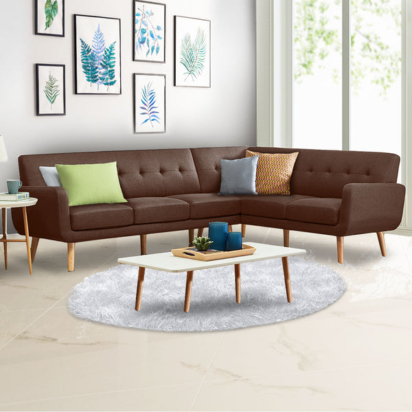  Linen Corner Wooden Sofa Lounge L-shaped with Chaise Brown