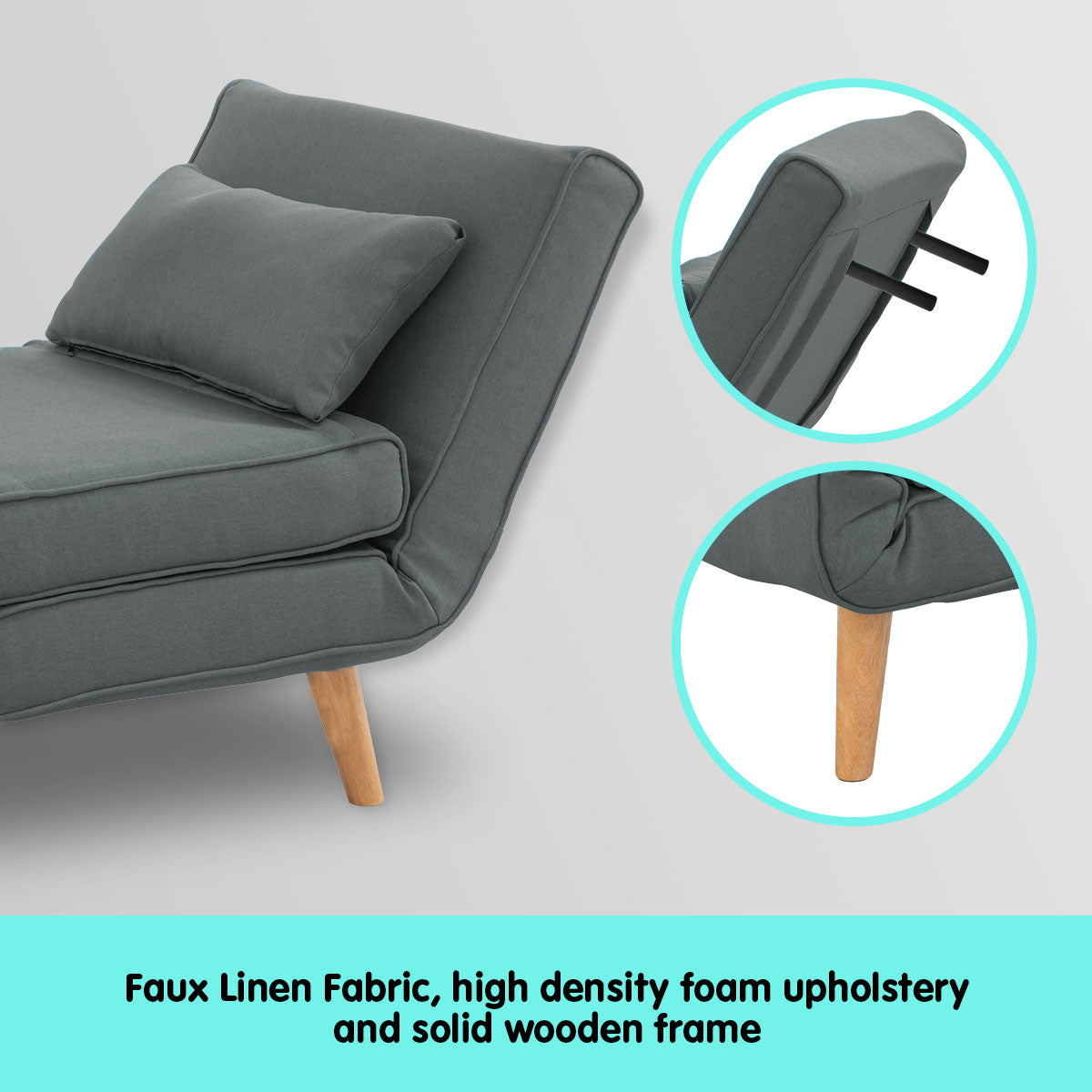 Adjustable Corner Sofa Single Seater Lounge Linen Bed Seat - Dark Grey