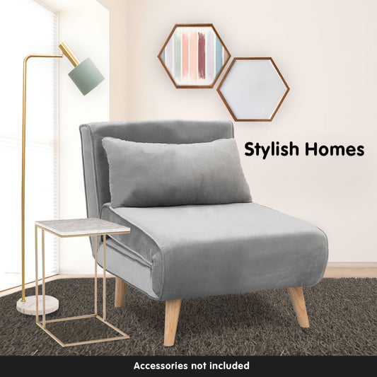 Adjustable Corner Sofa Bed Single Seater Lounge Faux Velvet Light Grey