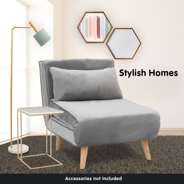  Adjustable Corner Sofa Bed Single Seater Lounge Faux Velvet Light Grey