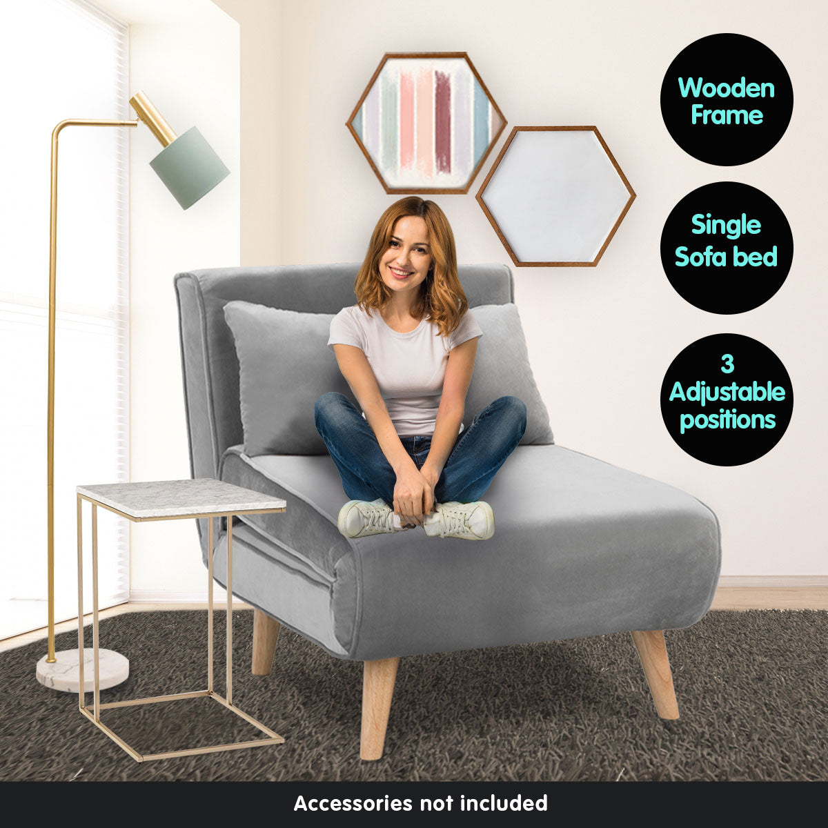 Adjustable Corner Sofa Bed Single Seater Lounge Faux Velvet Light Grey
