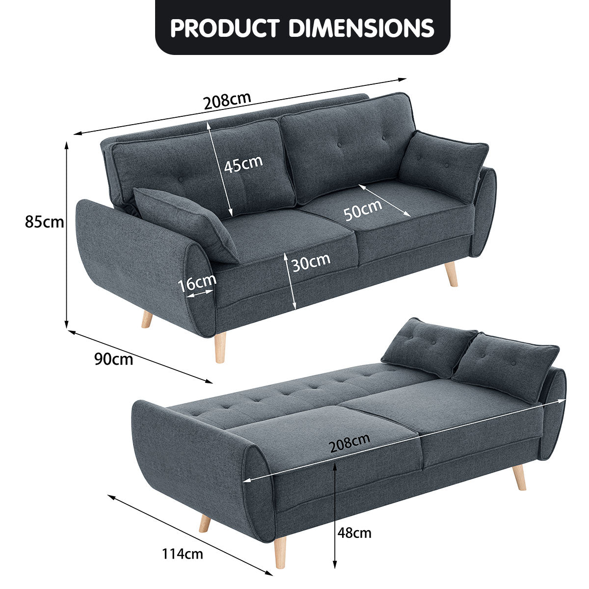 3 Seater Modular Linen Fabric Wood Sofa Bed Couch- Dark Grey