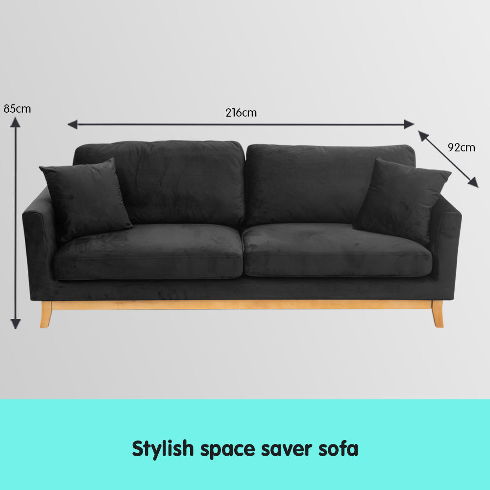 Sarantino 3 Seater Faux Velvet Sofa Bed Couch Furniture - Black