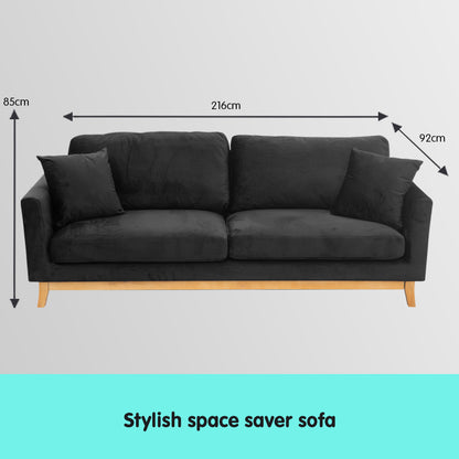 Sarantino 3 Seater Faux Velvet Sofa Bed Couch Furniture - Black