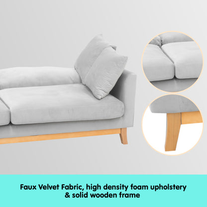 Sarantino 3 Seater Faux Velvet Sofa Bed Couch Furniture - Light Grey