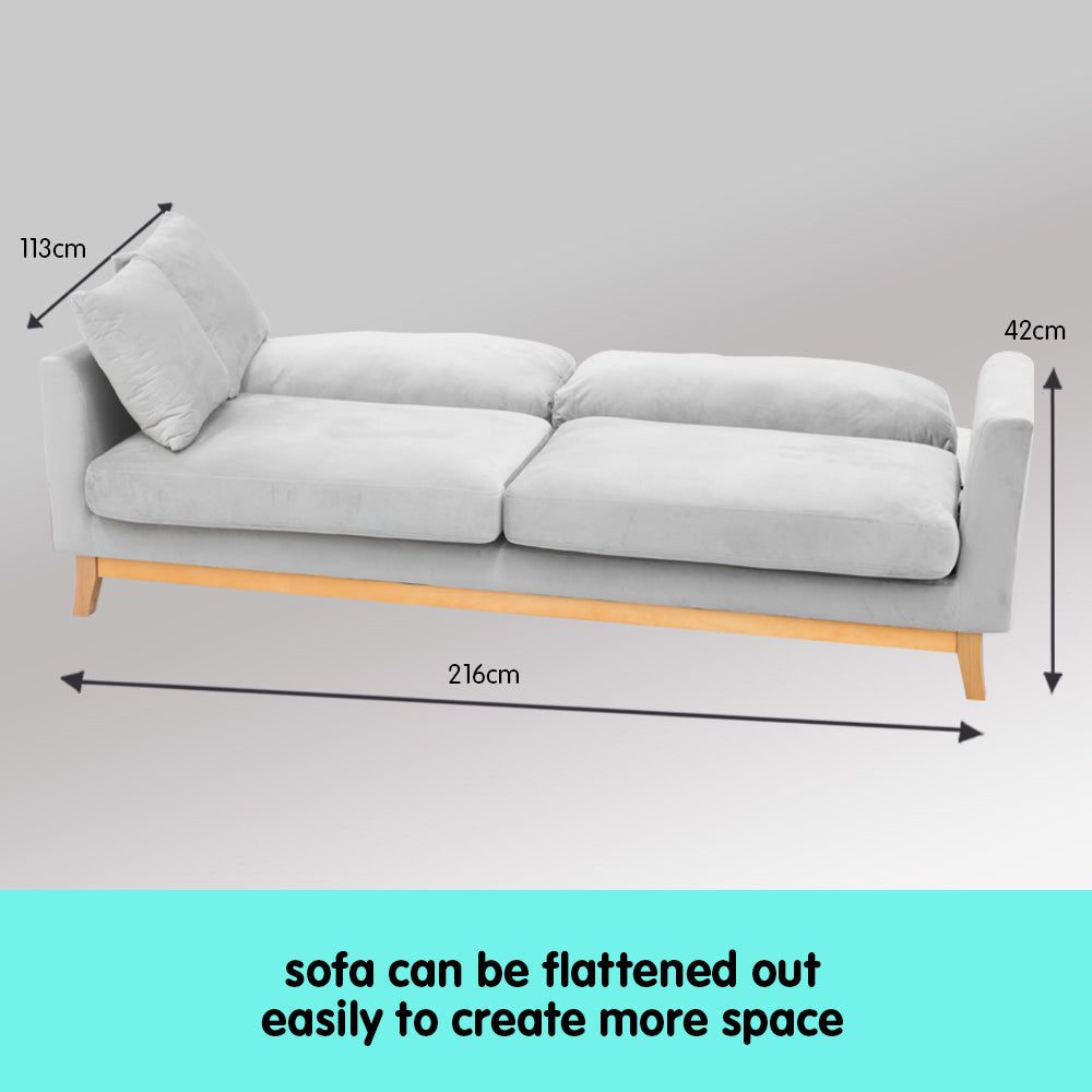 Sarantino 3 Seater Faux Velvet Sofa Bed Couch Furniture - Light Grey