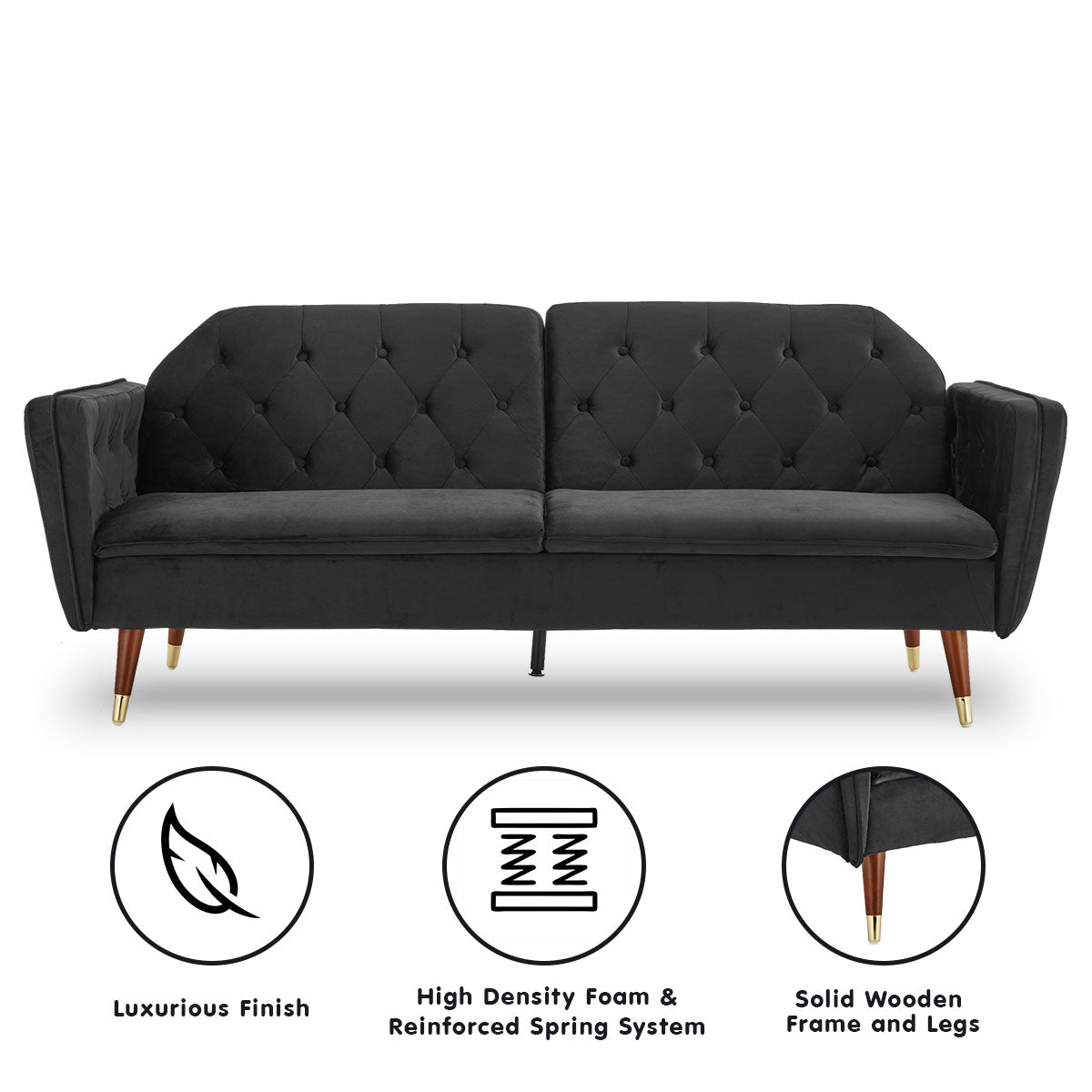 Faux Velvet Tufted Sofa Bed Couch Futon - Black