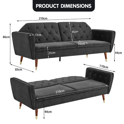 Faux Velvet Tufted Sofa Bed Couch Futon - Black