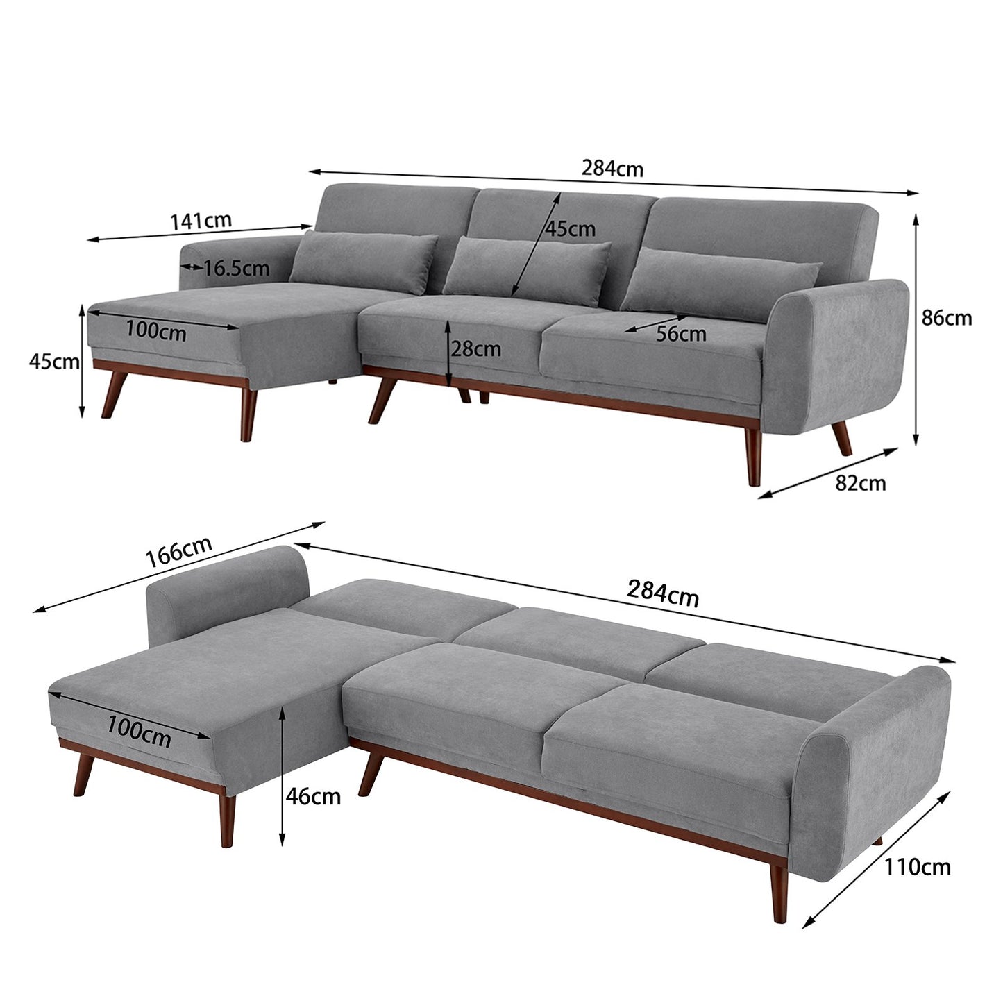 Velvet Sofa Bed Couch Lounge Chaise Cushions Light Grey