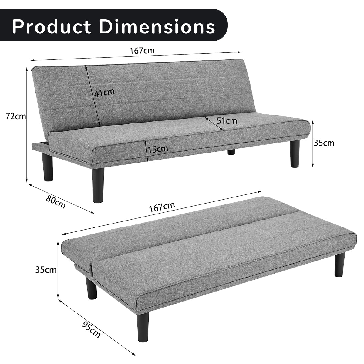 3 Seater M 2620 Modular Linen Sofa Bed Couch - Dark Grey