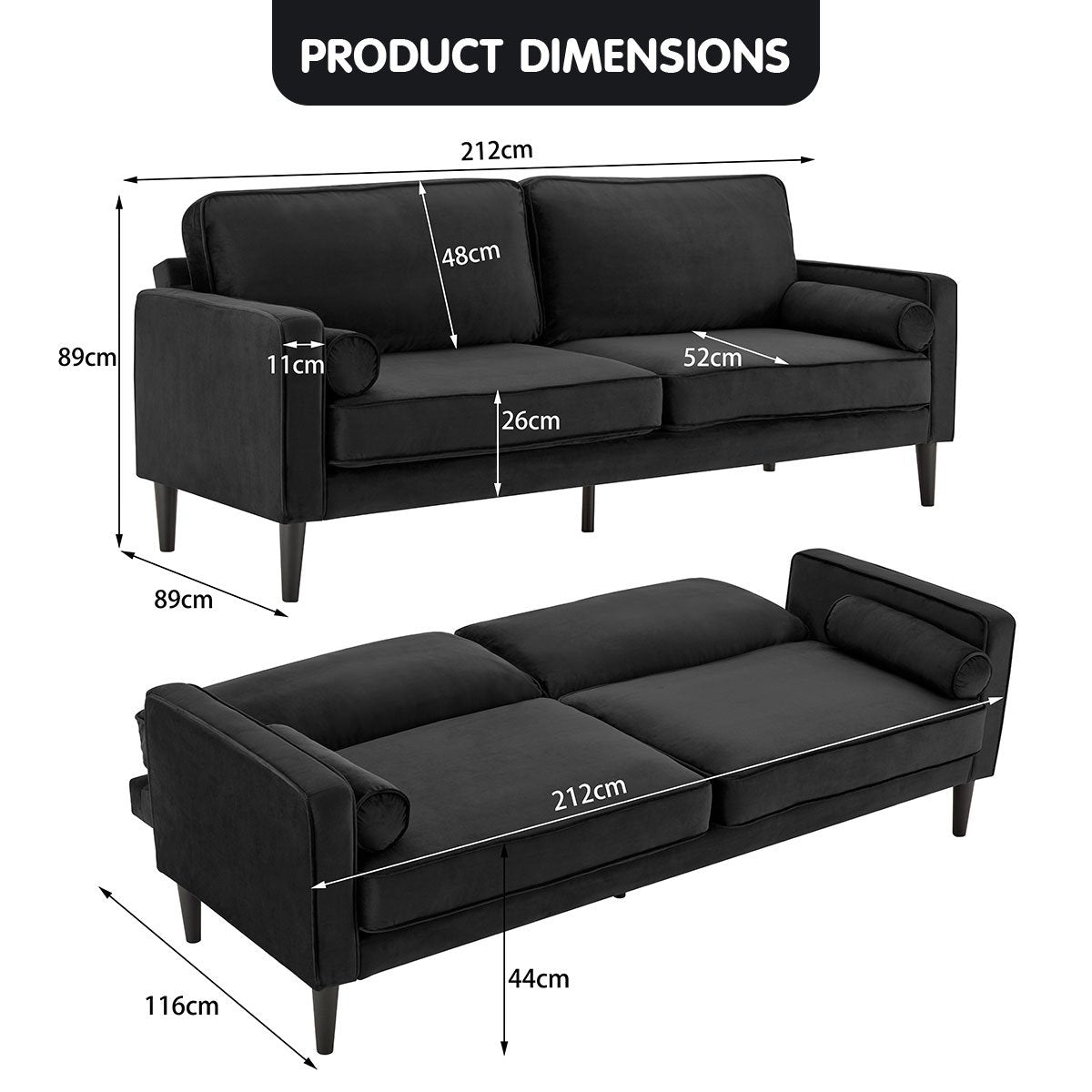 Velvet Sofa Bed Couch Furniture Lounge Suite - Black