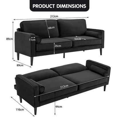 Velvet Sofa Bed Couch Furniture Lounge Suite - Black