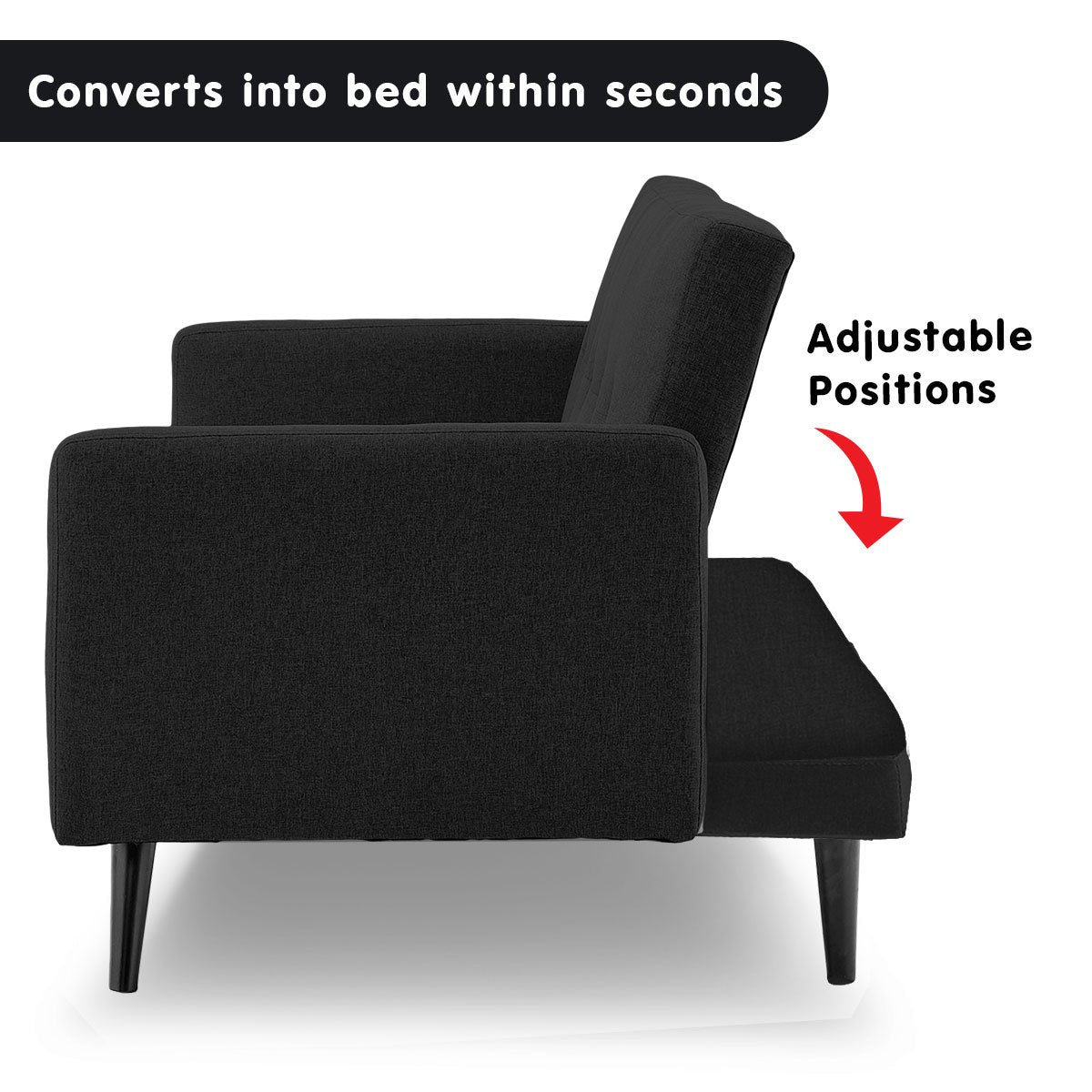 Tufted Faux Linen 3-Seater Sofa Bed With Armrests - Black
