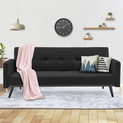 Tufted Faux Linen 3-Seater Sofa Bed With Armrests - Black