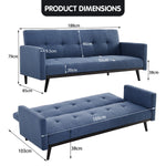 Tufted Linen 3-Seater Sofa Bed with Armrests - Blue