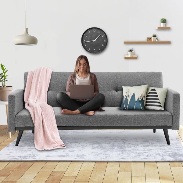 Tufted Faux Linen 3-Seater Sofa Bed With Armrests - Light Grey