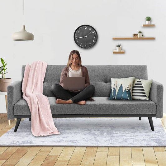 Tufted Faux Linen 3-Seater Sofa Bed With Armrests - Light Grey