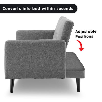 Tufted Faux Linen 3-Seater Sofa Bed With Armrests - Light Grey