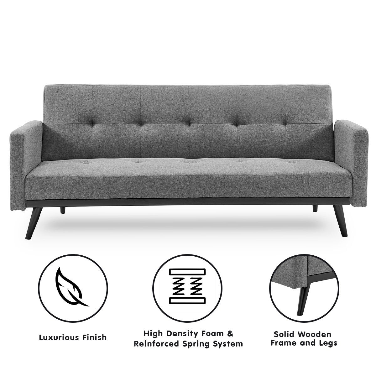 Tufted Faux Linen 3-Seater Sofa Bed With Armrests - Light Grey