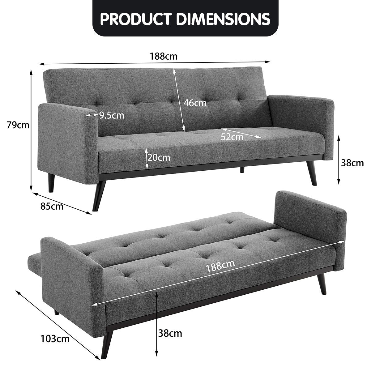 Tufted Faux Linen 3-Seater Sofa Bed With Armrests - Light Grey