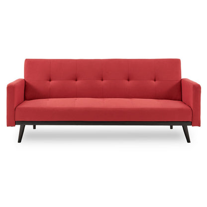 Tufted Faux Linen 3-Seater Sofa Bed With Armrests - Red